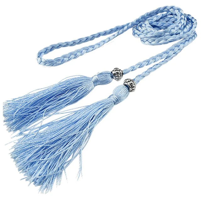 Women Waist Belt Rope Chinese Style Braided Woven Tassel Thin Belt Female Knot Decorated Waistband Hot Casual Solid Black Belts Light Blue