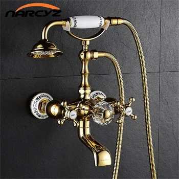 

New Bathtub Faucets Luxury Gold Brass Bathroom Faucet Mixer Tap Wall Mounted Hand Held Shower Head Kit Shower Faucet Sets XT358