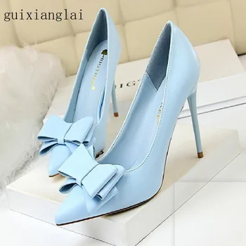

2019 new sweet high heel stiletto heel high heel thin shallow mouth pointed candy color bow women's shoes