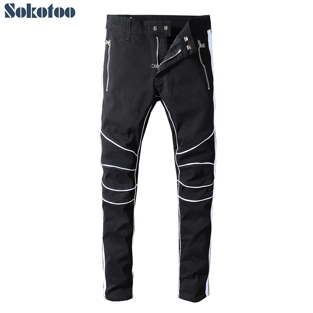 Sokotoo для мужчин белая полоса лоскутное черный байкер джинсы для женщин двигатель плюс размеры slim fit стрейч хлопок джинсовые штаны