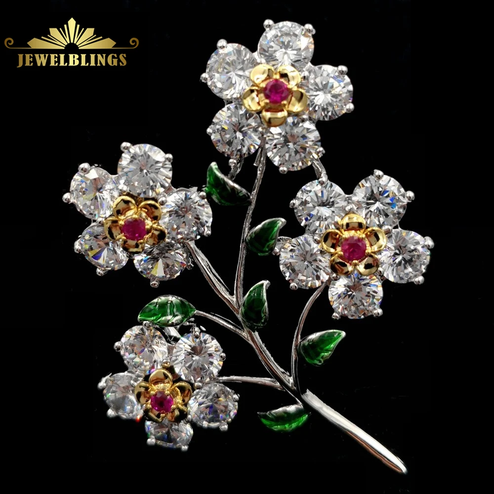 Vintage Fancy Style Clear Red CZ Flowers Brooches Silver Tone Stem