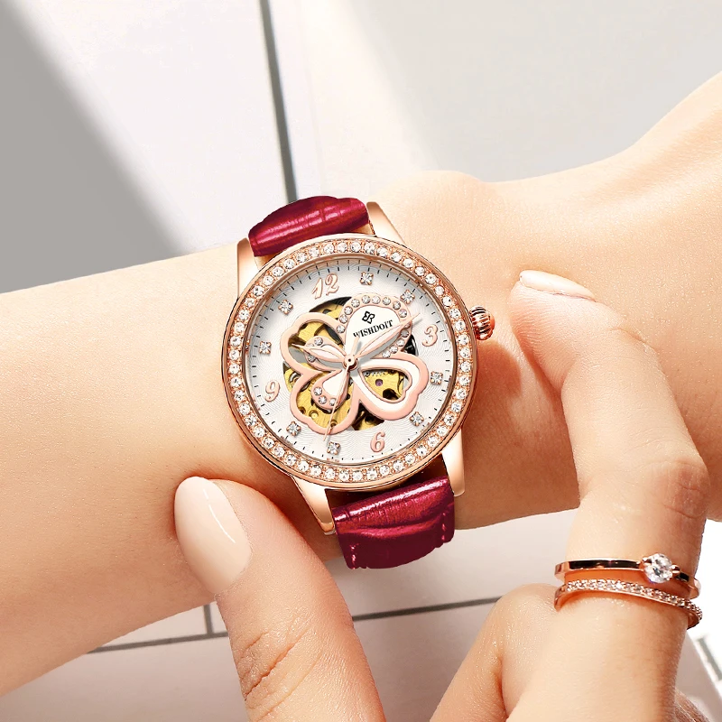 WISHDOIT Fashion Elegant Women Mechanical Wrist Watch Leather Watchband Female Automatic Clock Crystal Decoration Skeleton Dial WISHDOIT Fashion Elegant Women Mechanical Wrist Watch Leather Watchband Female Automatic Clock Crystal Decoration Skeleton Dial