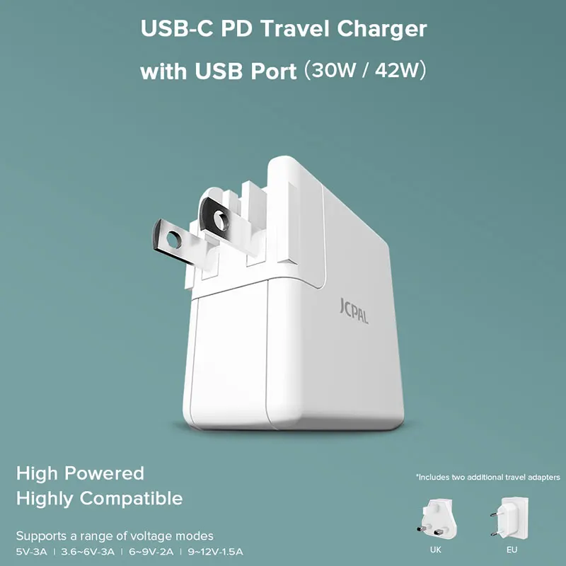 

JCPAL USB-C Travel Charger with USB Port 30W USB-C PD Port and USB-A Port Includes US EU and UK Travel Plugs 53113