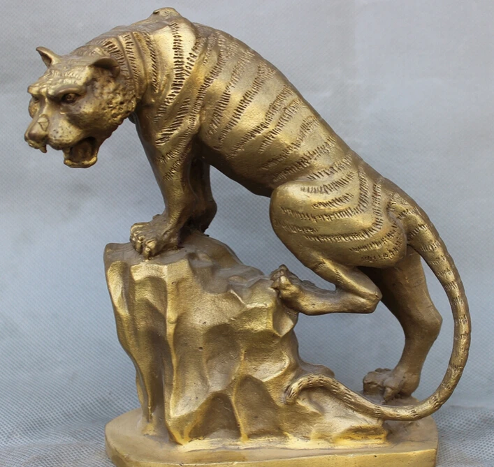 

S2763 7" Folk Chinese Brass Animals Year Zodiac Wild Ferocious Tiger On Hill Statue D0317