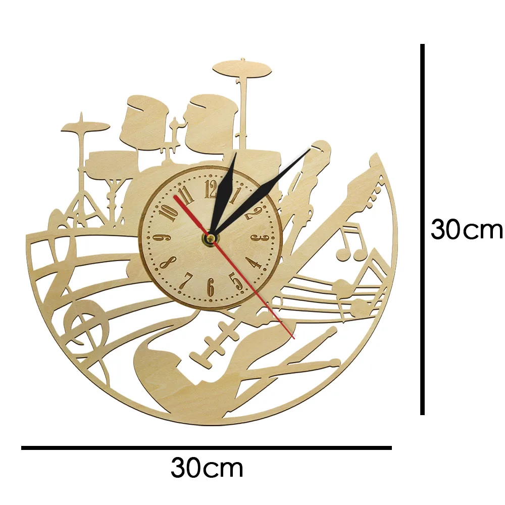 Acoustic Guitar Drum Wall Art Clock Wood Laser Cut Unique Music Timepiece Silent Living Room Wall Decor Drummer Teacher Gift