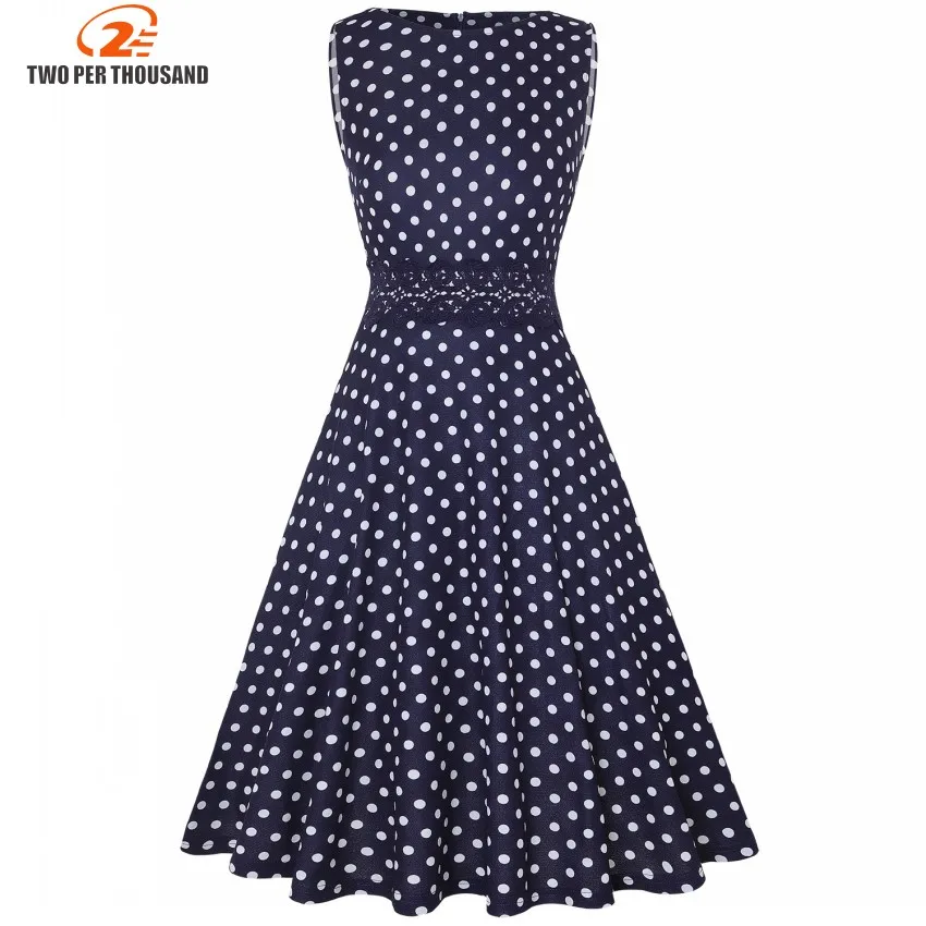 

Summer New Dresses Women Sleeveless O Neck Polka Dot Print Retro Vintage Skater Rockabilly Knee Length Dress