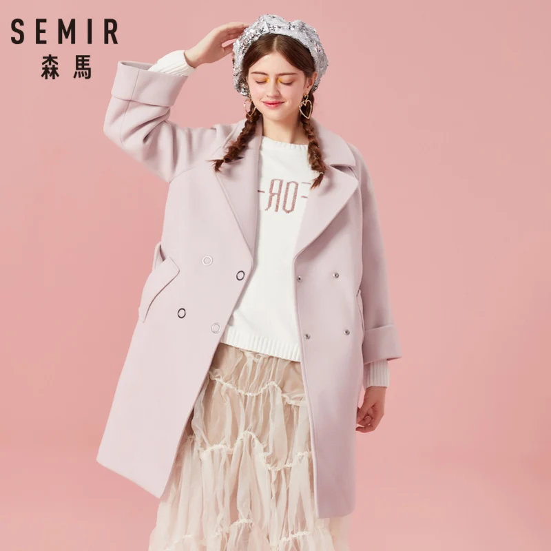 Najtaniej SEMIR damski dwurzędowy trencz damski mieszanka wełny płaszcz ze skośną kieszenią jedwabisty poliester podszyty na zimę