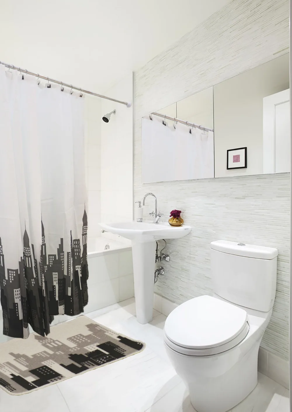 

Waterproof Polyester Fabric Bathroom Shower Curtain Set with 12 Printed Hooks & Bath Carpet 6 Pattern