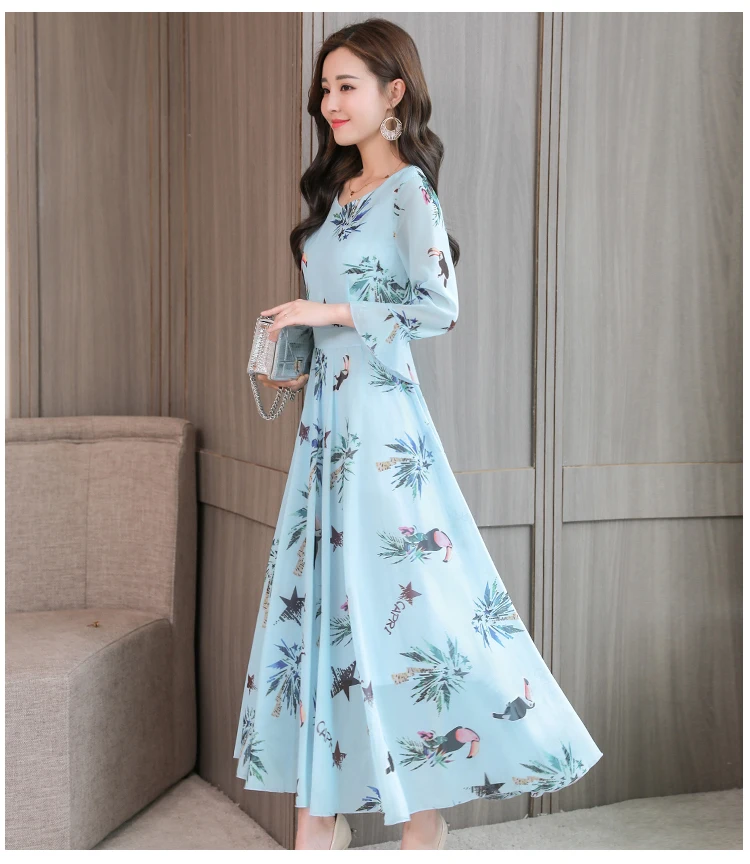 High quality Autumn New Arrival Plus Size S-XXXL Fashion V Collar Flare Sleeve Flower Printed Woman Long Chiffon Dress