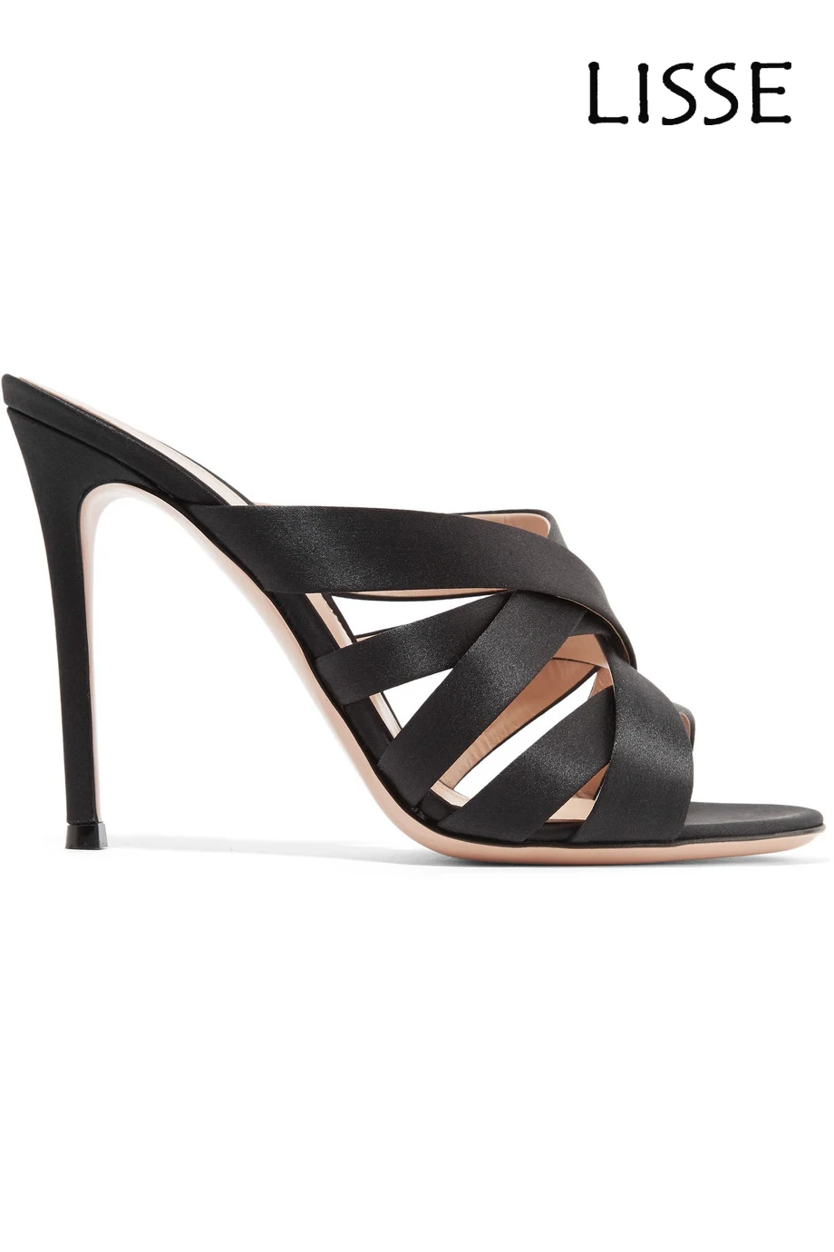 

Women Open Toe Stiletto Heel Mules Crisscross Straps Black Satin Elegantly Frame Sandals Dress Shoes Handmade Wholesale