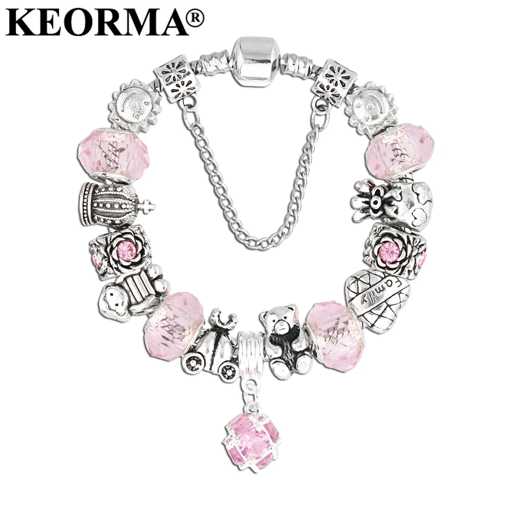 

KEORMA European Style Authentic Tibetan Silver Color Pink Crystal Charm Bracelet for Women Original DIY Beads Jewelry KM296