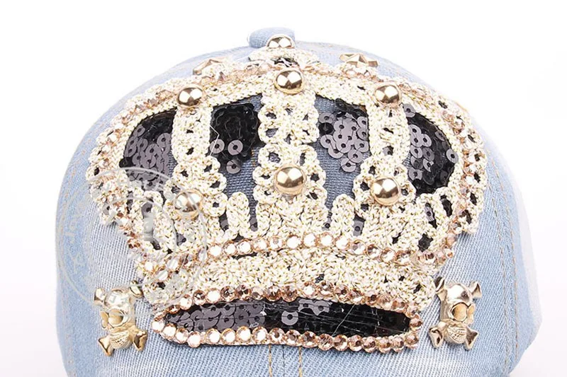 Эксклюзивный дизайн перламутровая корона с алмазами узор джинсовый материал бейсболка модная Красивая Женская Ручная вышитая бисером шляпа SY324