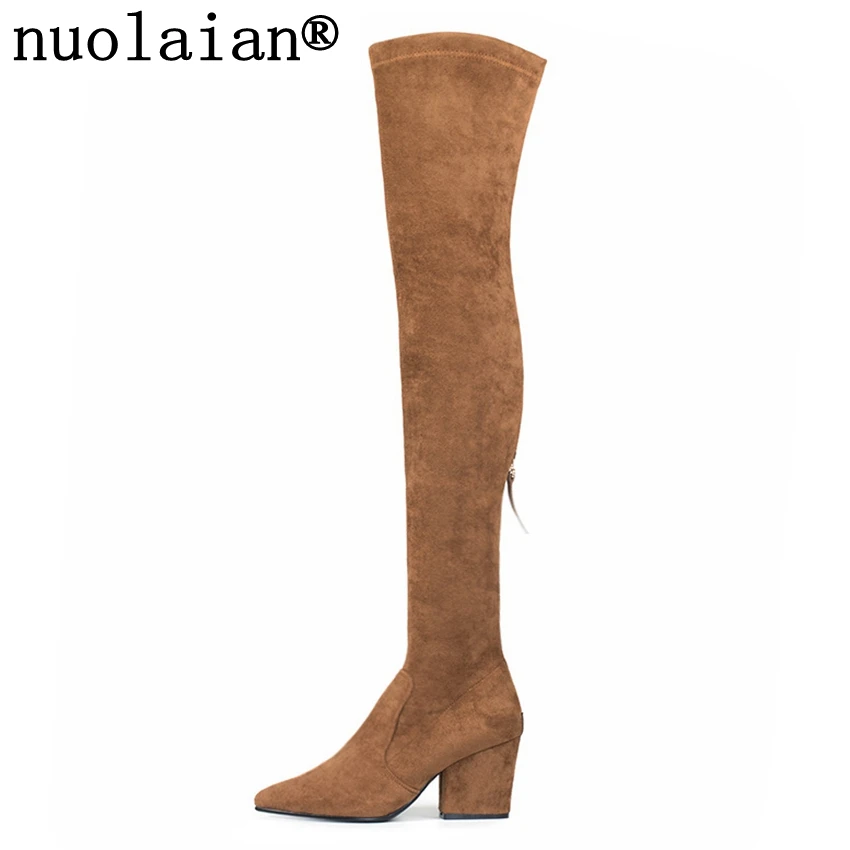 Beste Womens Winter Dij Hoge Laarzen Dames Zwarte Sneeuw schoen Vrouw Hoge Hakken Platform Boot Faux Suede Vrouwen Over De Knie laarzen