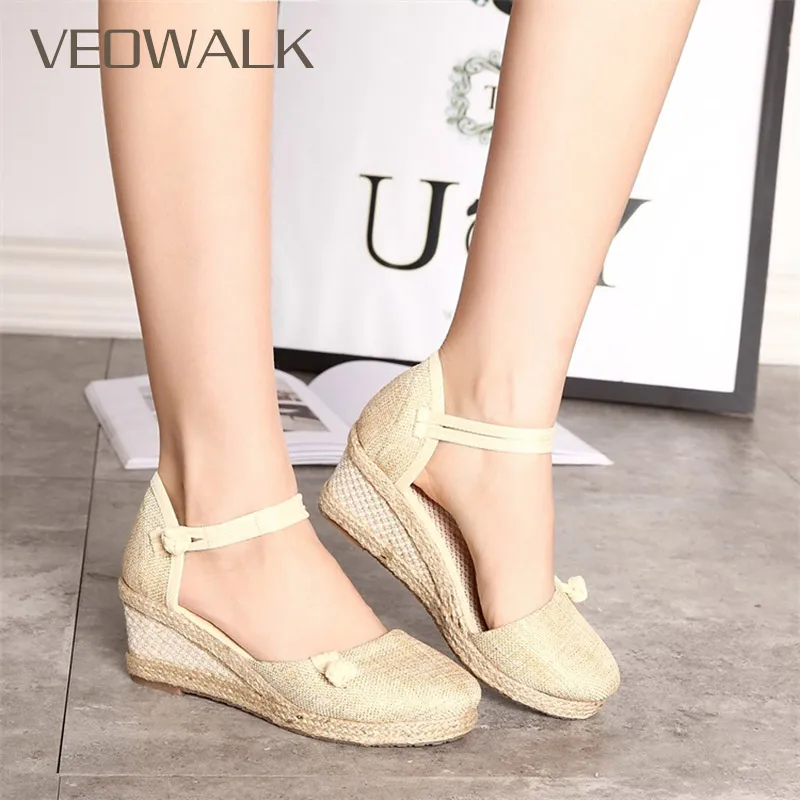 

Veowalk Handmade Solid Color Close Toe Women Casual Linen Canvas Wedge Sandals Summer Fashion Ankle Strap Platform Pump Shoes