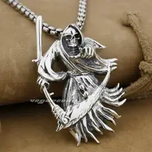 925 Sterling Silver Large Grim Reaper Scythe Death Mens Biker Pendant 9H012A(Necklace 24inch)