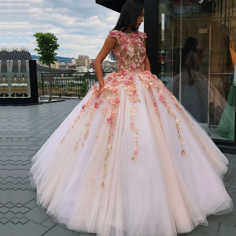 

BONJEAN Princess 3D Flower Ball Gown Wedding Dresses 2019 New Lace Up Vestido de Noiva Court Train Sleeveless O Neck Bridal Gown
