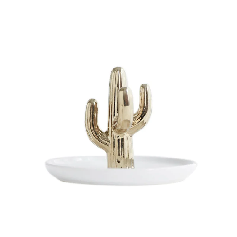 Small Flamingo Unicorn Pineapple Decorative Dish Plate Porcelain Jewelry Dish Necklace Ring Tray Storage Trinket Vanity Dish - Цвет: white golden cactus