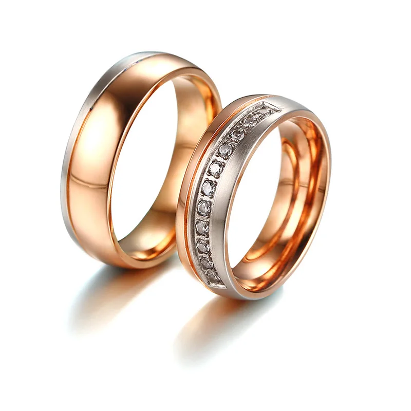 Vinterly Lovers Engagement Ring Rose Gold Color Stainless Steel Couple Wedding Bands CZ Stone Rings for Women Men Jewelry