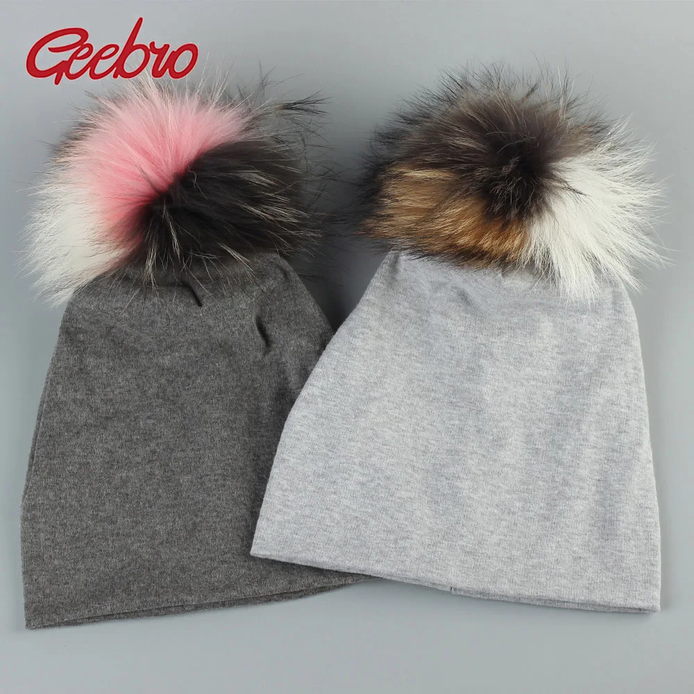 

Geebro 5-12 Years Old Kids Beanie Hat with 3 Tone Colors Pompom Spring Fashion Raccoon Fur Pompom Slouchy Beanies for Girls