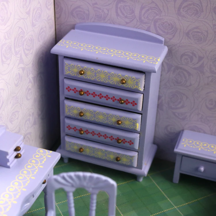 A02-X022 الأطفال طفل هدية لعبة 1:12 دمية مصغرة الأثاث مصغرة rement خشبية الأرجواني غرفة نوم مجموعة