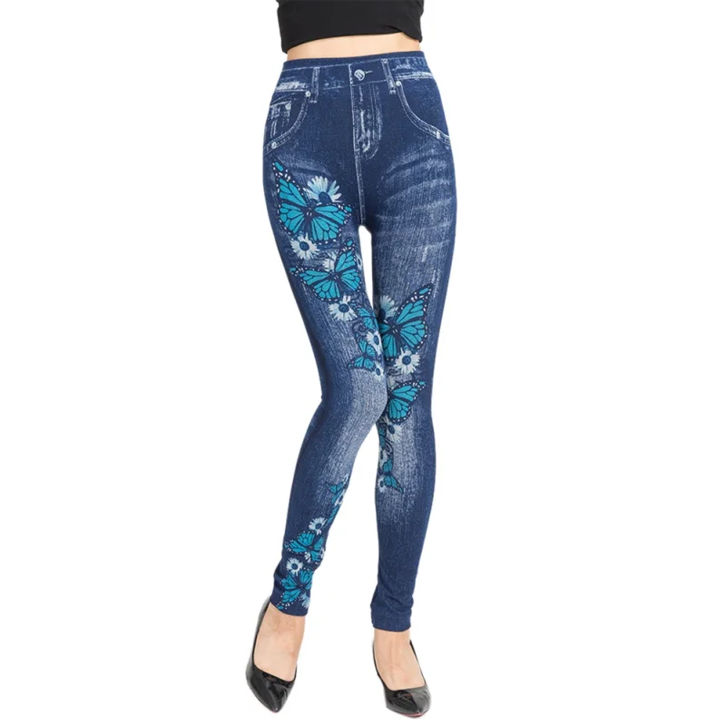 Women's Sexy Floral Jeans Jeggings High Waist Stretch Denim Print Leggings with Pocket