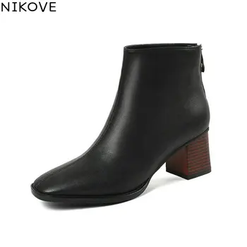 

NIKOVE 2019 Women Shoes Zipper Square Toe Square High Heels Shoes Ankle Boots Western Style Fashion Woman Shoes Size 34-43