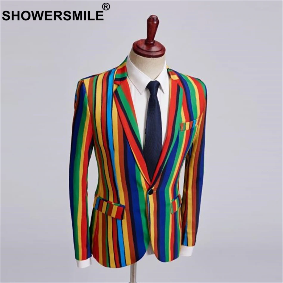 SHOWERSMILE Colorful Blazer Men Dj Club Stage Singer Clothes Men Party Striped Suit Jacket Fashion Singer Costume Plus Size 5XL
