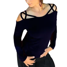 Модная женская кофта с открытыми плечами, футболка с длинным рукавом, сексуальный топ с v-образным вырезом