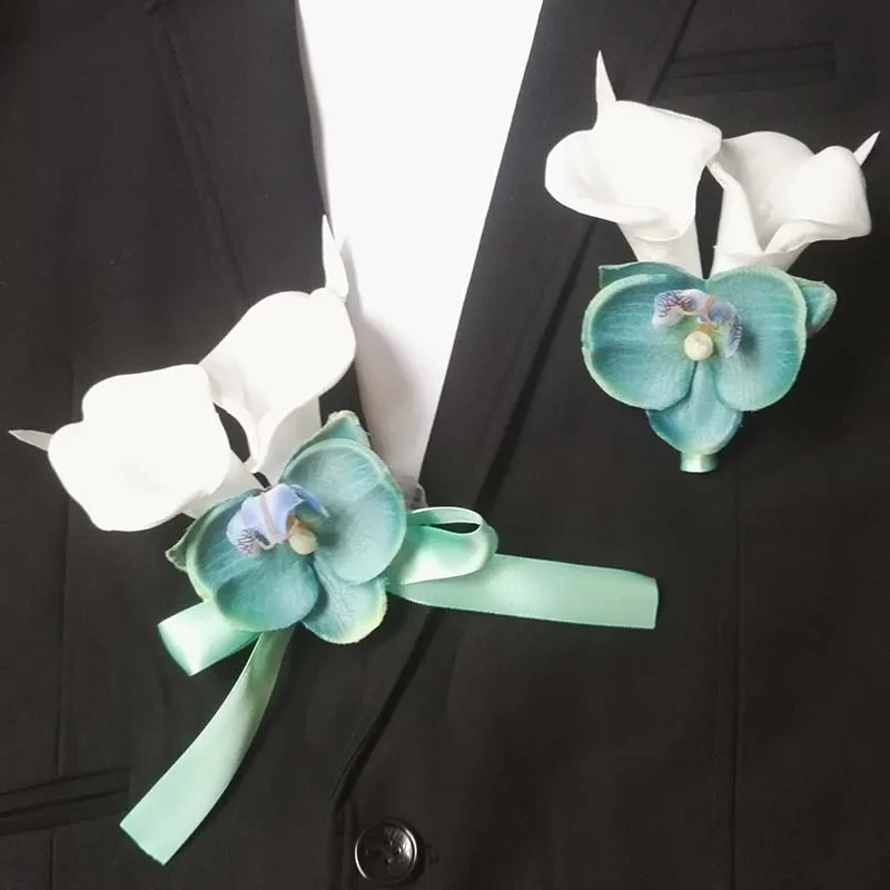 Свадебная бутоньерка для жениха и невесты, белая Калла, голубая Орхидея, свадебные цветы, вечерние бутоньерки на выпускной