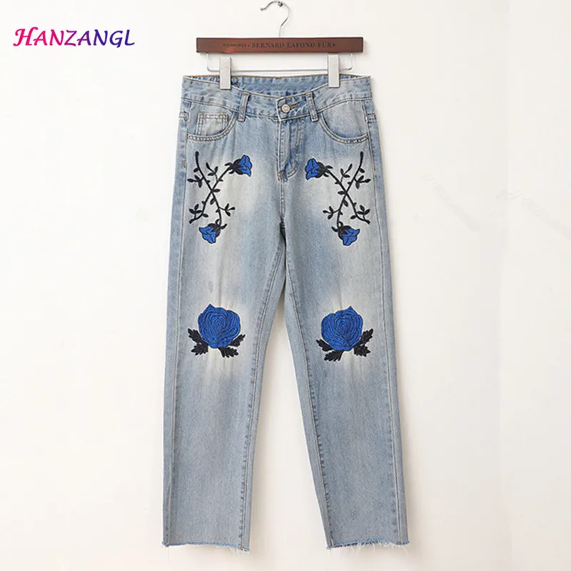 

HANZANGL 2017 spring autumn fashion personality fashion Flower embroidery jeans Pockets women straight Ankle-Length Denim Pants