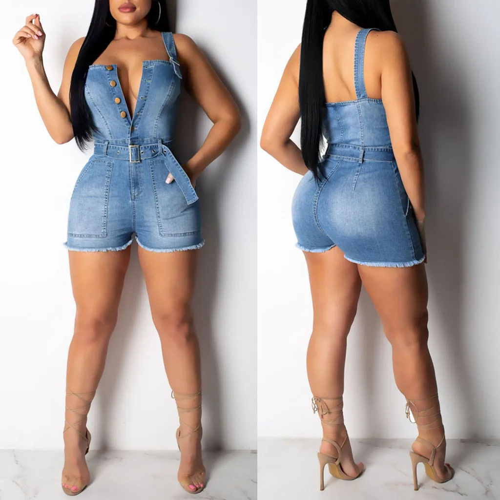 

Women Denim Rompers Front Breasted Waistband Design Broken button Jeans playsuit Sleeveless Pockets High Waist short Jumpsuit