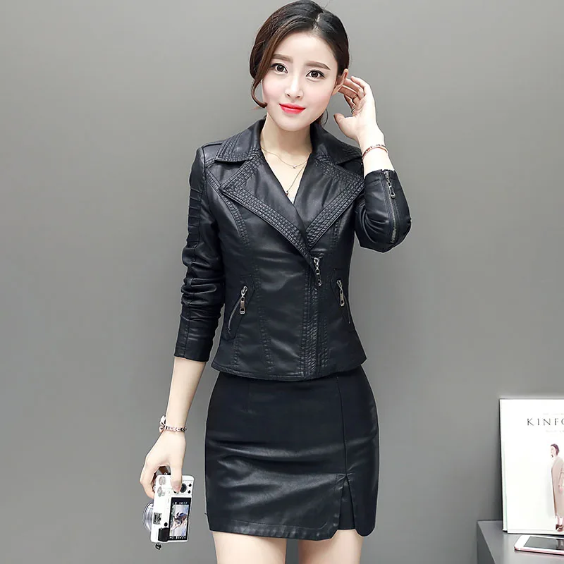 Women Spring Autumn Pu Leather Jacket Casual Slim Soft