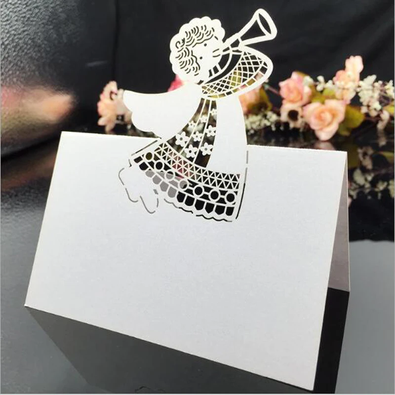 10 Colors 50pcs Angel Laser Cut Table Name Place Cards Favor Table Name Message Setting Card Wedding Birthday Party Supplies