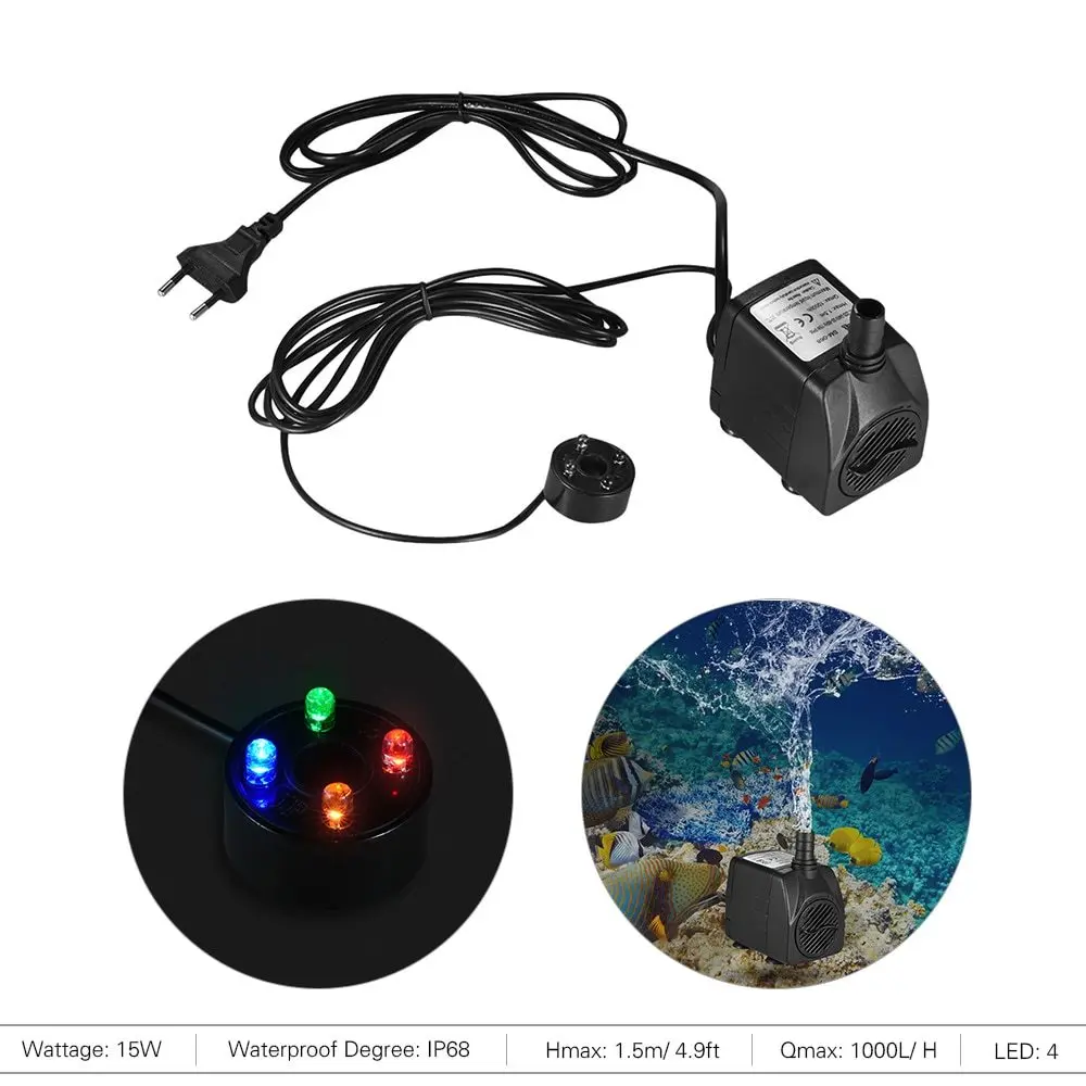 

2W/2.5W/5W/8W/15W Submersible Water Pump with 4 LED Light Ultra Quiet for Pond Aquarium Fish Tank Fountain With 1.5m Power Cord