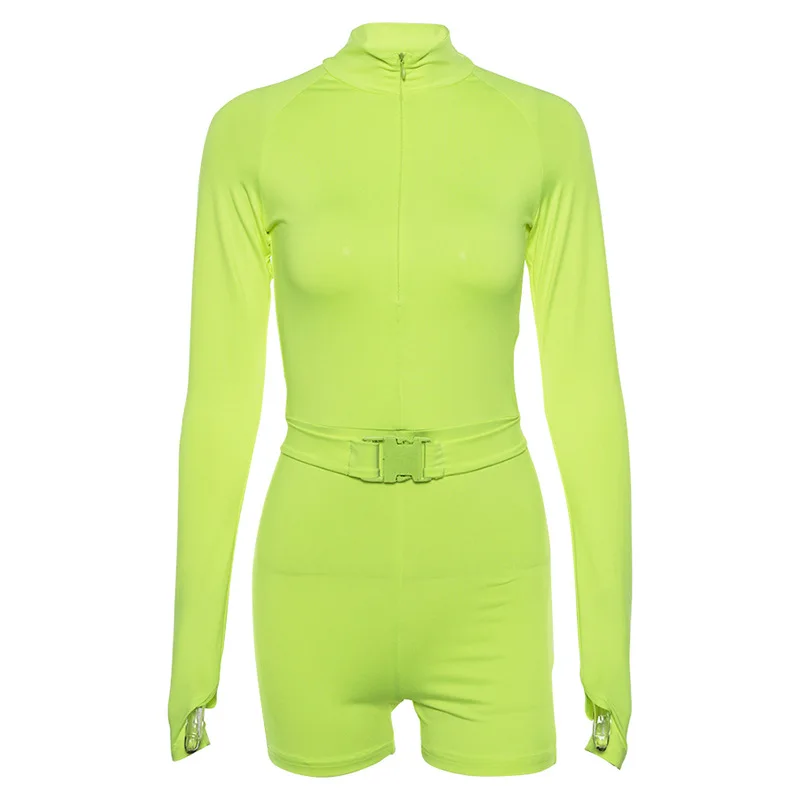 Women Sexy Fitness Playsuits Front Zipper Fluorescence Solid Long Sleeve Turtleneck One Piece Jumpsuit Rompers Bodysuit Tights