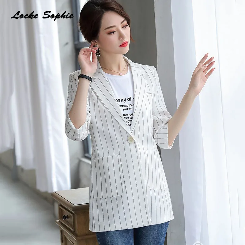 Women's Plus size Long Blazers coats 2019 Autumn cotton blend stripe Slim fit Small Suits jackets ladies Skinny Blazers Suit