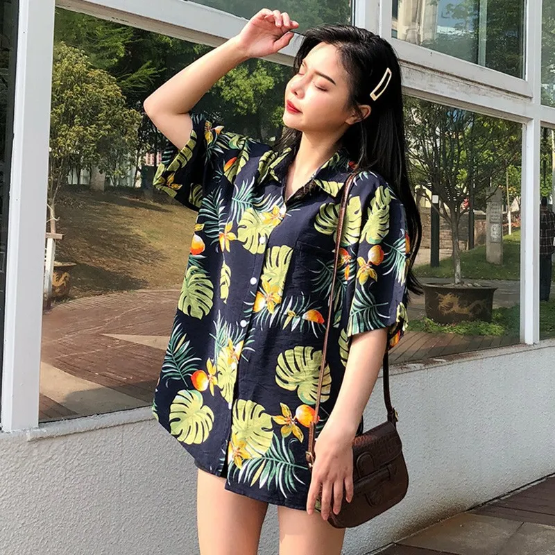 

2019 Summer Fruit Leaves Print Couple Blouses Shirts Short Sleeve Women Shirt Tops Korean Beach Loose Casual Blouse Blusas