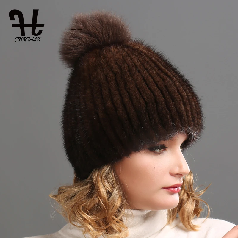 Furtalk Зимняя тёплая женская шапка из натурального норкового меха с помпоном из лисьей шерсти мех норки лисий мех помпон женская шапка зимняя шапка