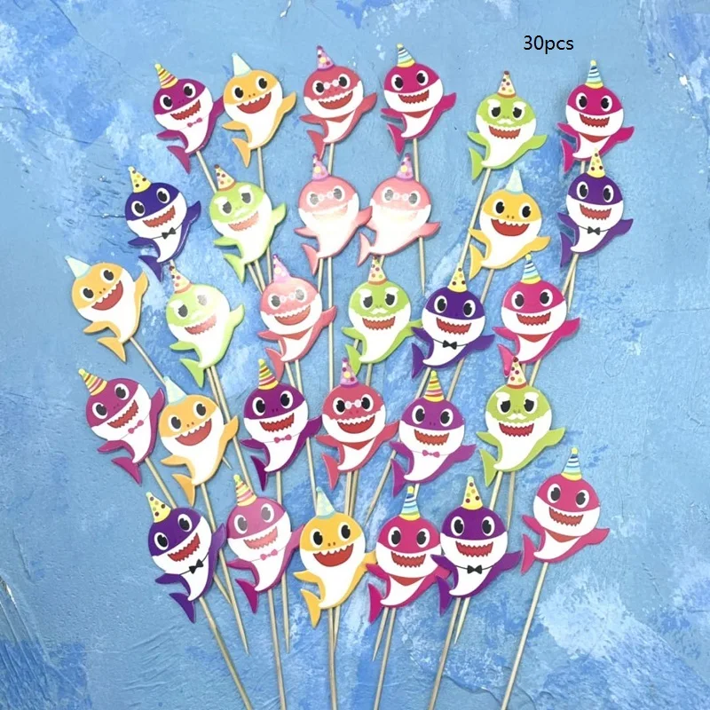 

30pcs Shark Babies Cupcake Decor Cake Topper Happy Birthday Cake Decor for Birthday Party Cartoon Animal Topper