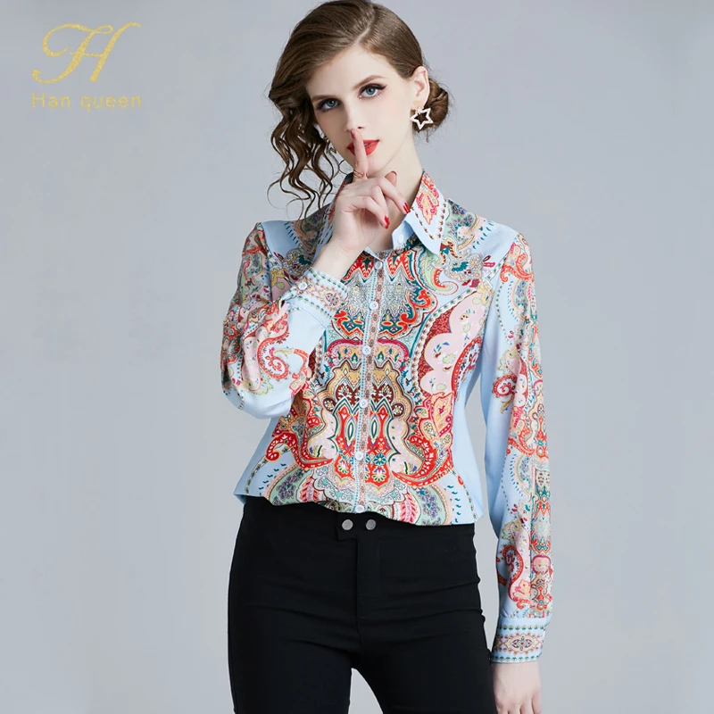 H han queen с новым принтом Для женщин блузки для малышек с длинным рукавом шифоновая рубашка модная Повседневное Женские топы с отложным воротником, свободная блузка с воротником