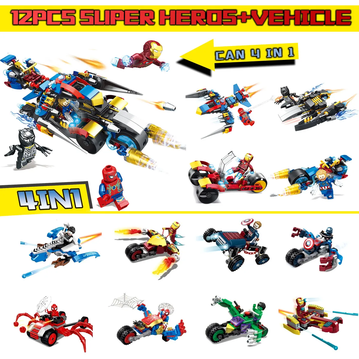 

12pcs Super Hero iron man hulk Race Truck Car Building Blocks Compatible With LegoINGly Spider-Man DIY Toy Set With 12 Figures