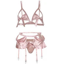 Сексуальный бюстгальтер, нижнее белье, подвязки, комплект из трех предметов, без косточек, комплект нижнего белья пуш-ап