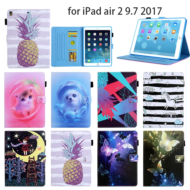 Чехол подставка для iPad air 2 с отделением карт золотым ананасом кошкой собакой