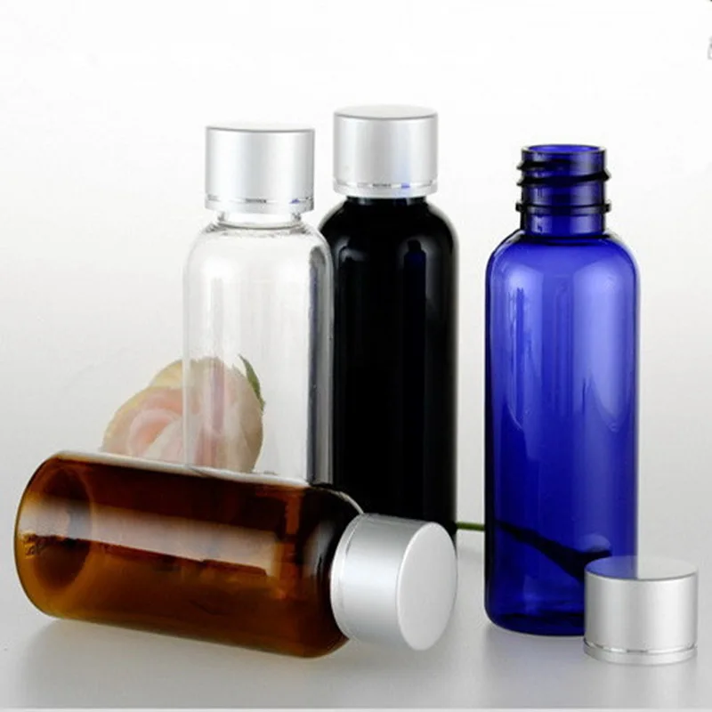 

50PCS/lot 50ml Plastic Empty Emulsion Bottle Cobalt Blue Amber Bottle Round Shoulder PET Bottle With Aluminum Anodized Cover Cap