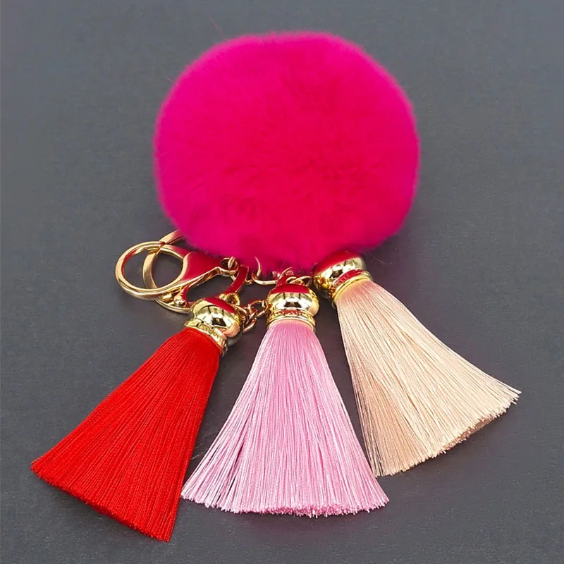 

New 1Pcs Puff Ball Tassel KeyChains Cute Charm Key Chains Womens Gold-color Zinc Alloy Key Chains Rabbit Fur Car Bag Key Chains
