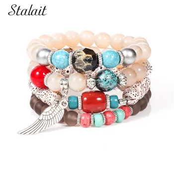 

Vintage Multi Layer Wings Printing Beaded Bracelets For Women Trendy Multi Color Stone Bodhi Bracelet Wedding Jewelry sieraden