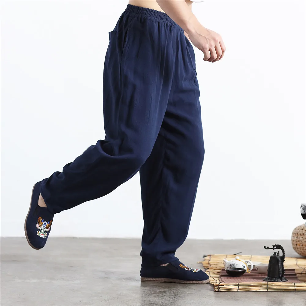Высококачественные хлопковые льняные мужские свободные повседневные брюки в китайском стиле мужские широкие брюки плюс размер удобные брюки для кунг-фу - Цвет: Синий