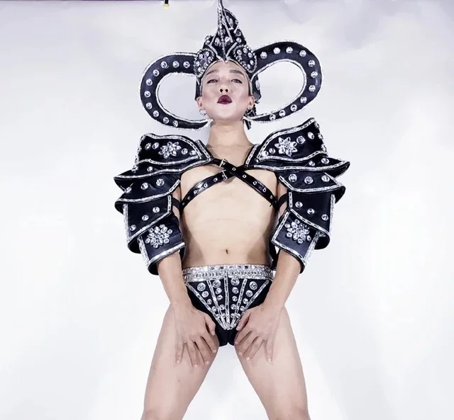 Модный ночной клуб DS Rhinestone Armor с головной убор с рогом мужской бальный костюм танцевальная команда вечерние DJ сценическая одежда
