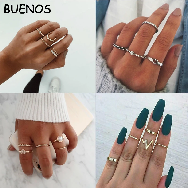 

BUENOS Women Fashion Multi Style Trend Pearl Love Lightning Moon Geometry Metal Rings for Women Ring Set Accessories Jewelry