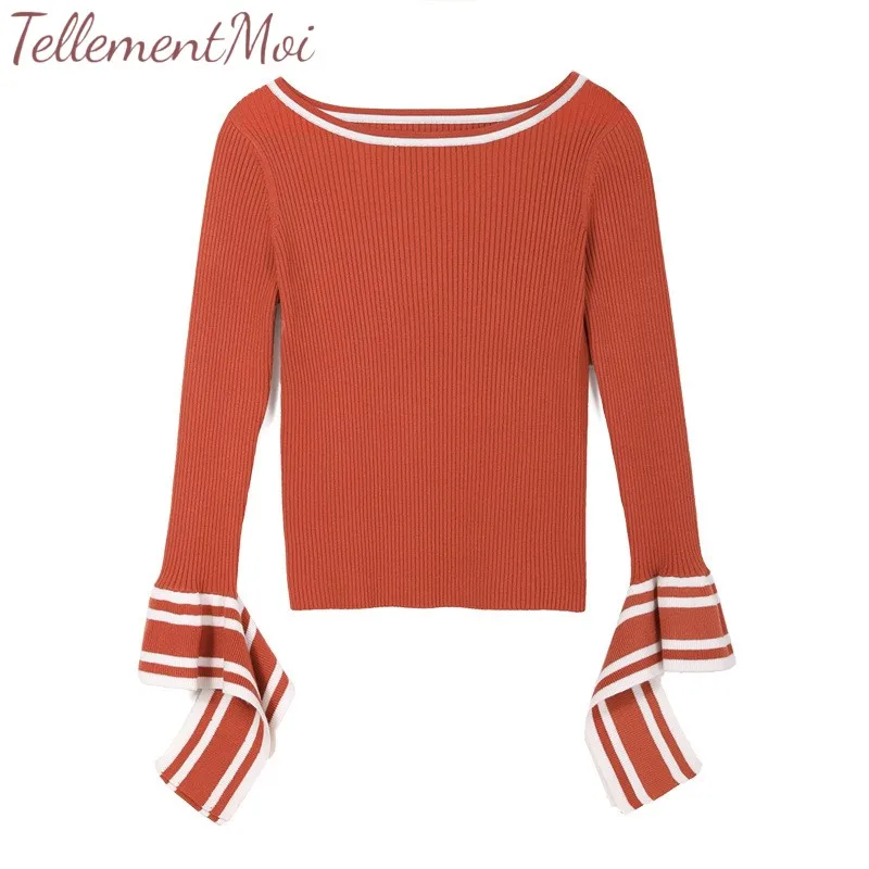 Women's Boat Collar Slim Knitted Sweater Ruffled Long Sleeve Striped Wool Pullover Bottoming Shirts Elegant Wild Sweaters Tops